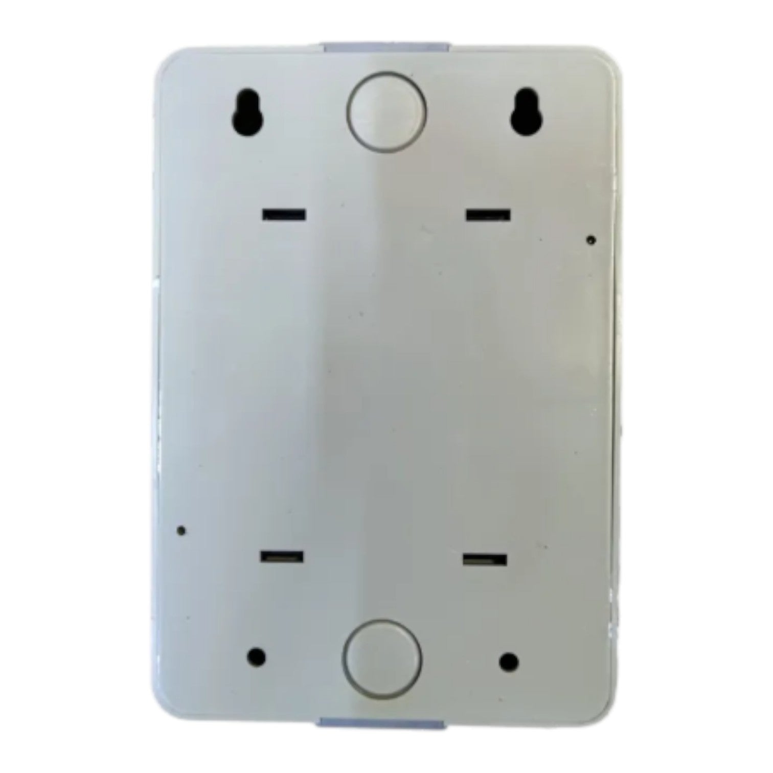 A white plastic wall outlet cover plate with mounting holes and screw terminals, shown against a plain white background.
