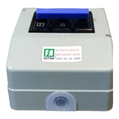 A Koten Safety Breakers KSB 240V AC 3A 60Hz electrical component with a gray plastic housing, a blue top handle, and a white brand label on the front.