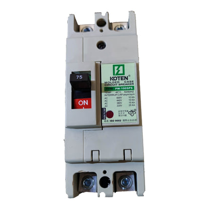 A Koten molded circuit breaker with a beige plastic housing, featuring a black switch with a red ON position, a green and white specification label, and terminal connections at the top and bottom, shown against a plain white background.