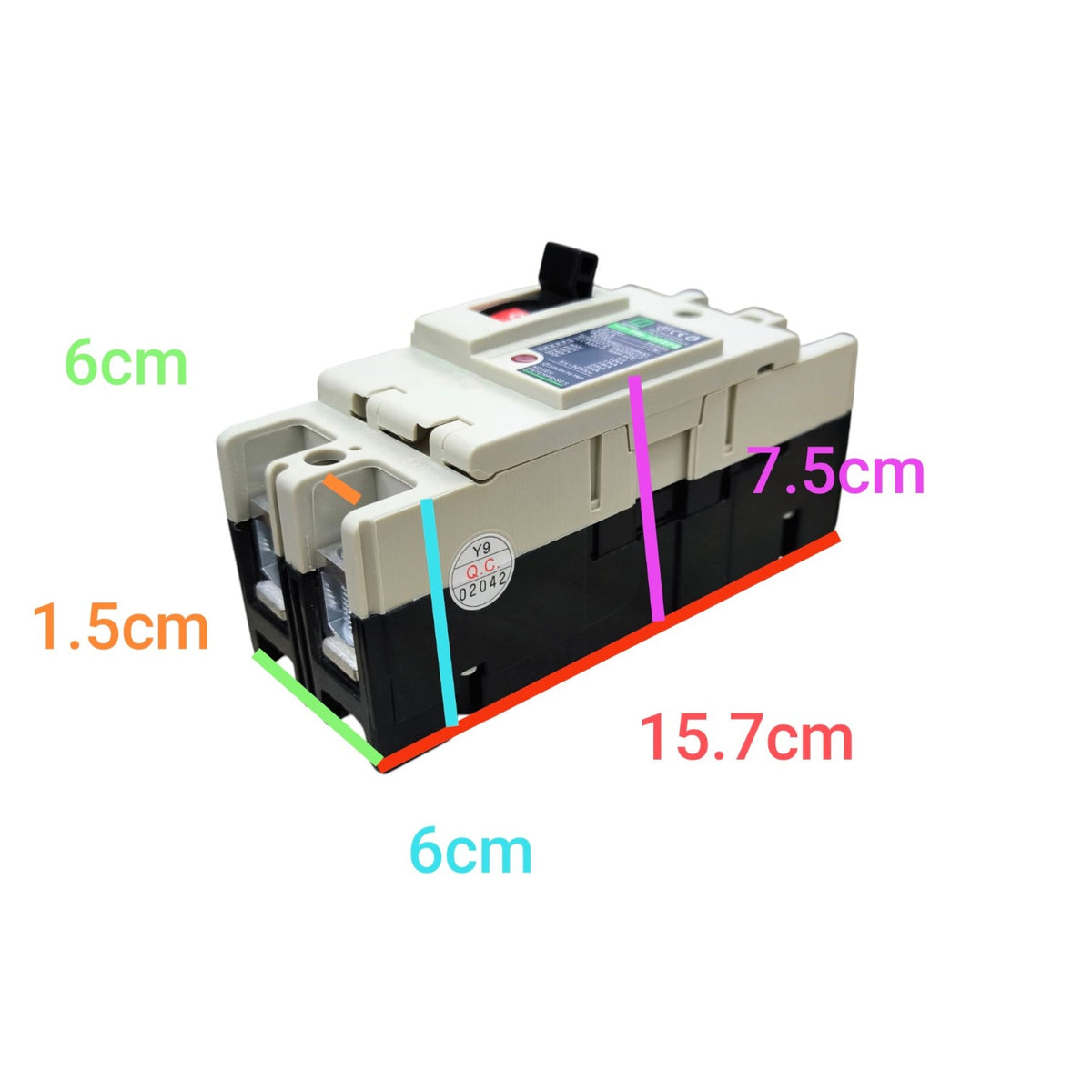 A rectangular electrical terminal block or battery-like component shown on a white background with overlaid dimension labels in green, purple, blue, orange, and red indicating measurements such as 6cm, 15.7cm, 7.