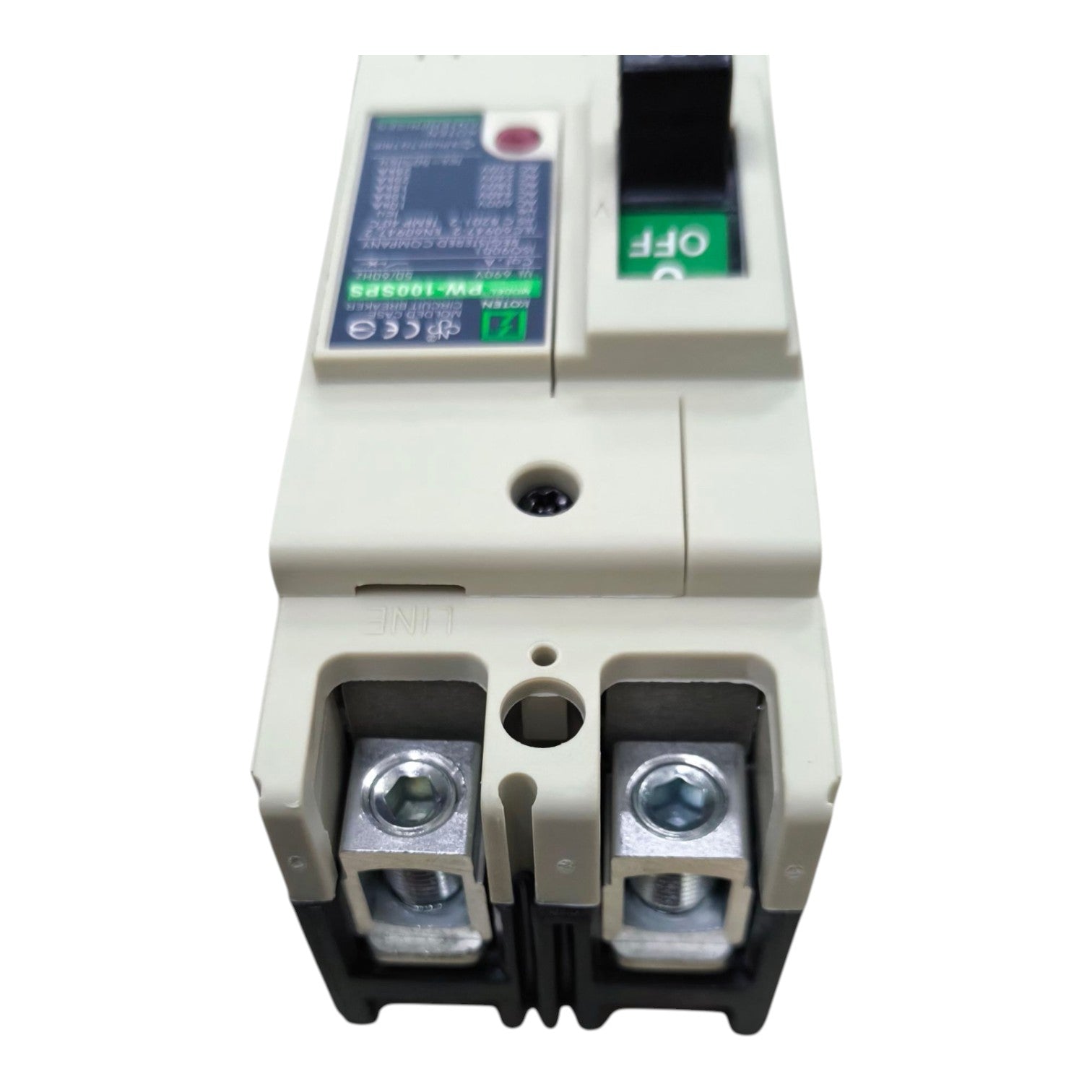 A single-pole circuit breaker with a beige plastic housing, black terminal covers, and a green OFF switch, shown against a plain white background.