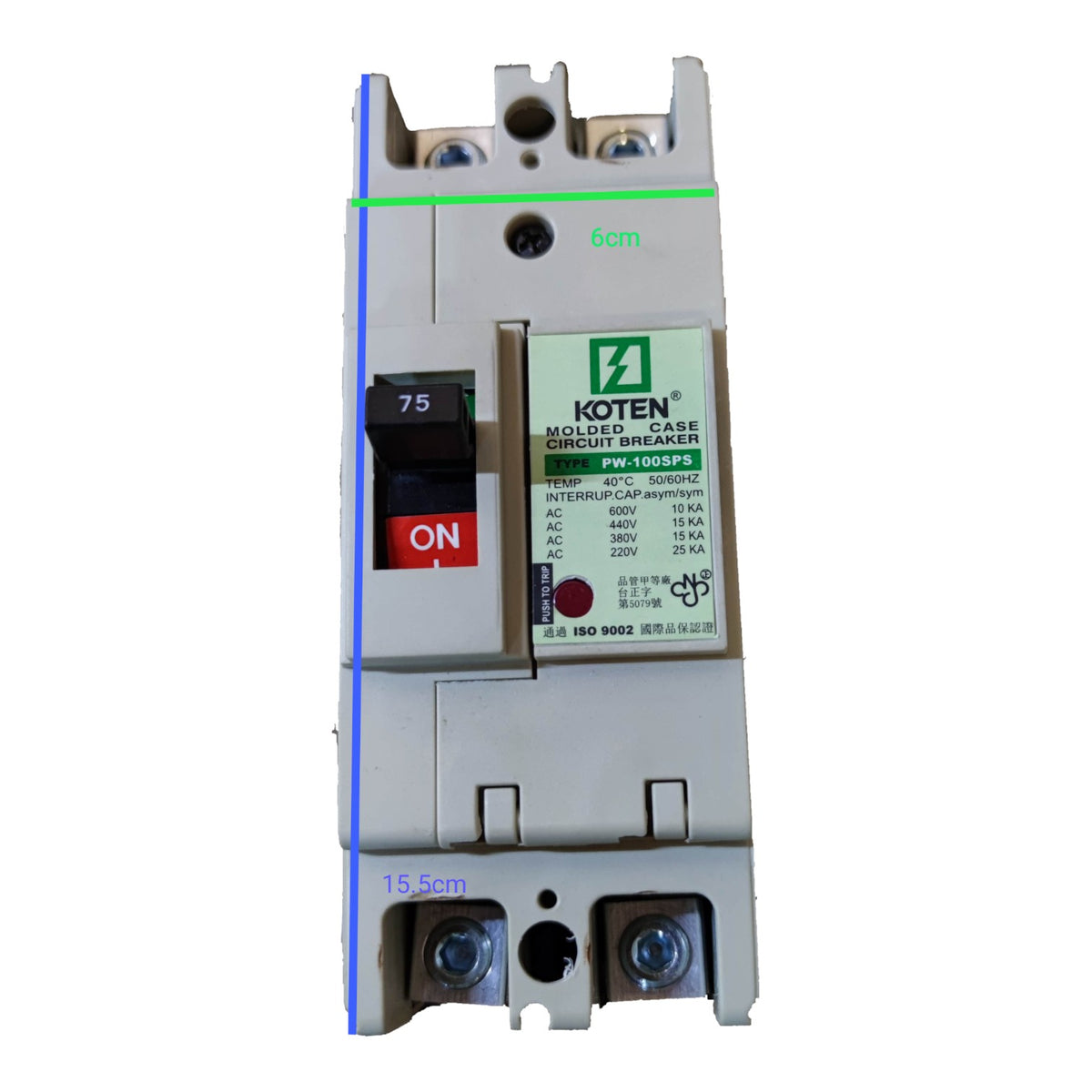 A KOTEN Molded Circuit Breaker (MCB) 60A, 400V AC, shown against a plain white background. The device is primarily gray with a black switch handle, a green and white front label, and blue measurement markings ('6cm' and '15.