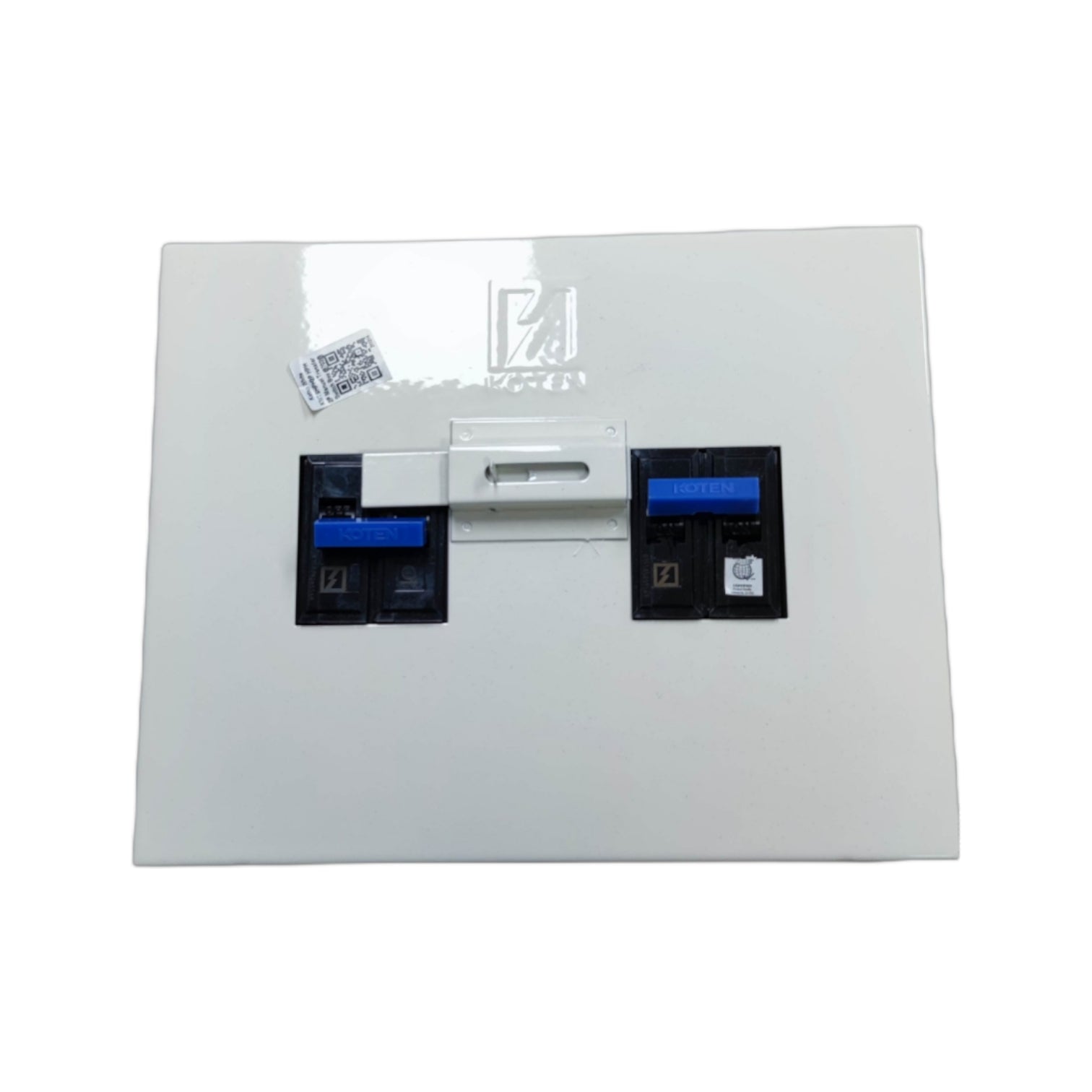 Electronic device with two blue indicator lights on a white background