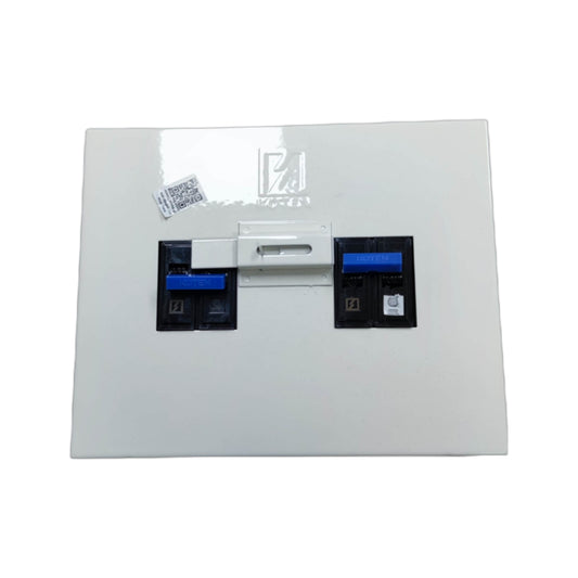 Electronic device with two blue indicator lights on a white background