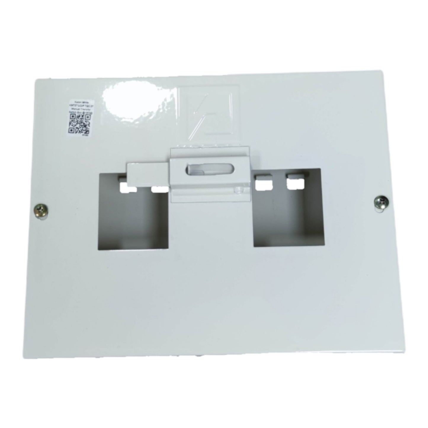 White metal bracket with two rectangular holes on a white background
