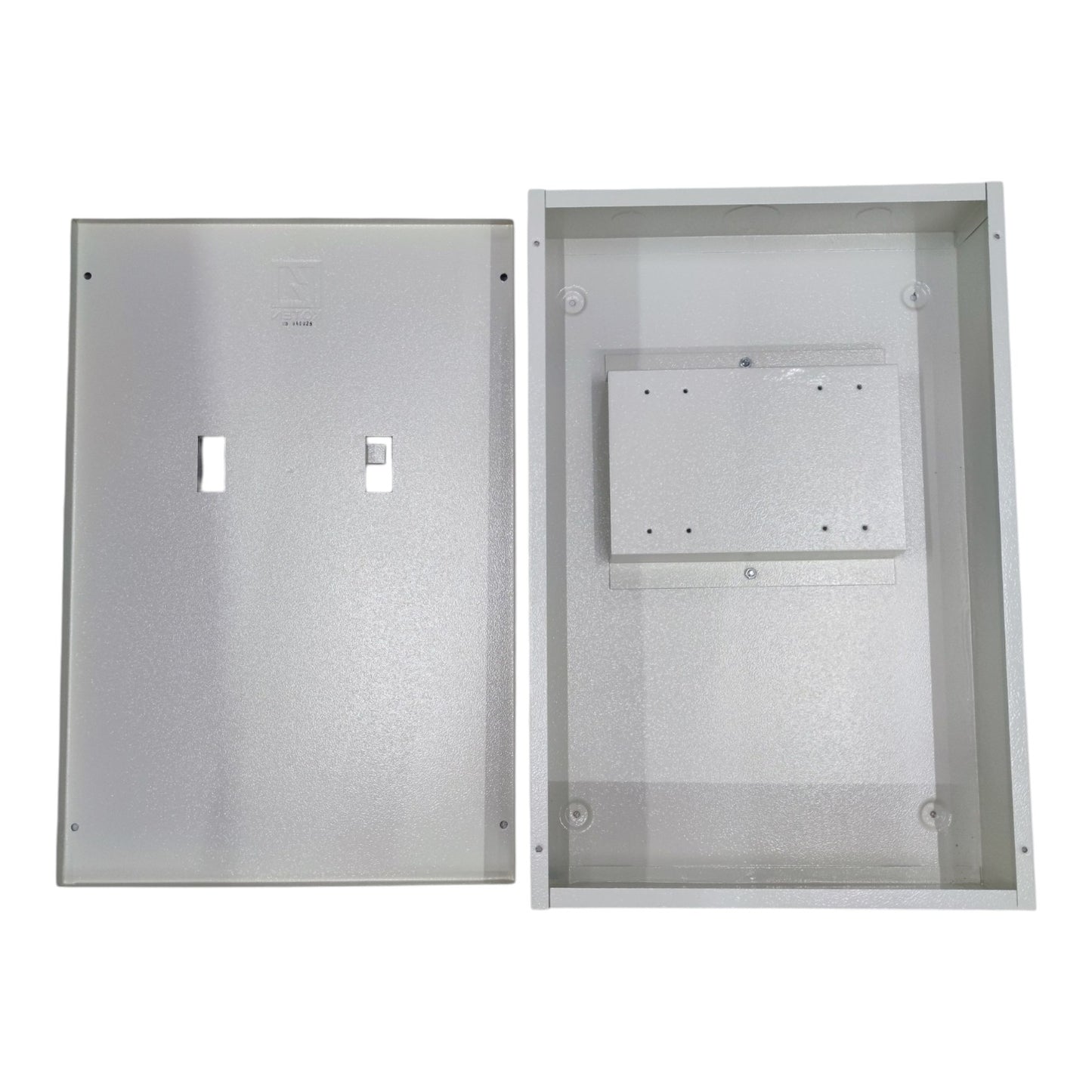 Metal enclosure with a cover on a white background