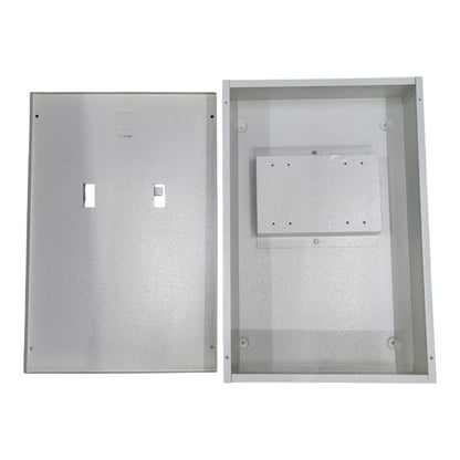 Metal enclosure with a cover on a white background