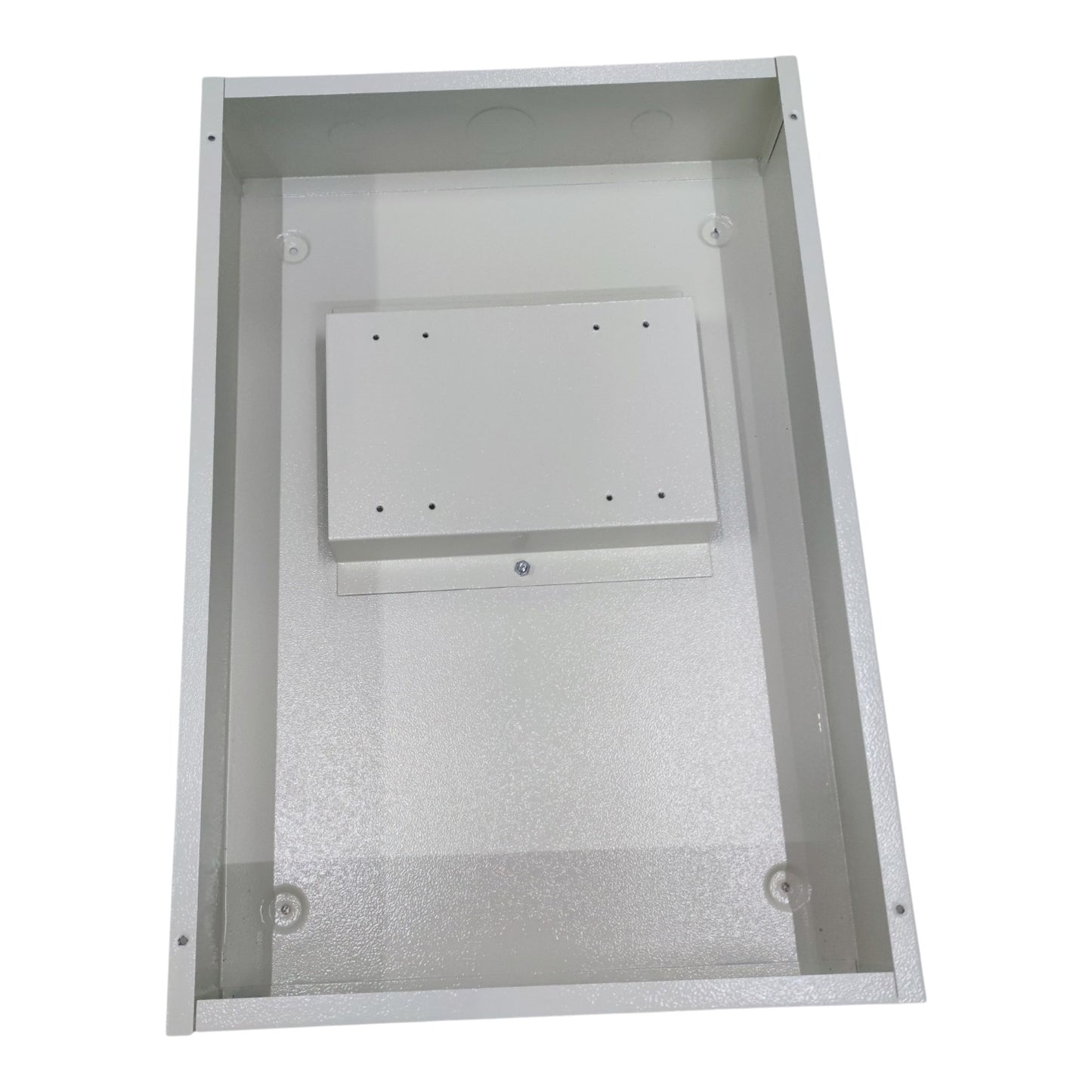 Metal enclosure with a rectangular cutout on a white background