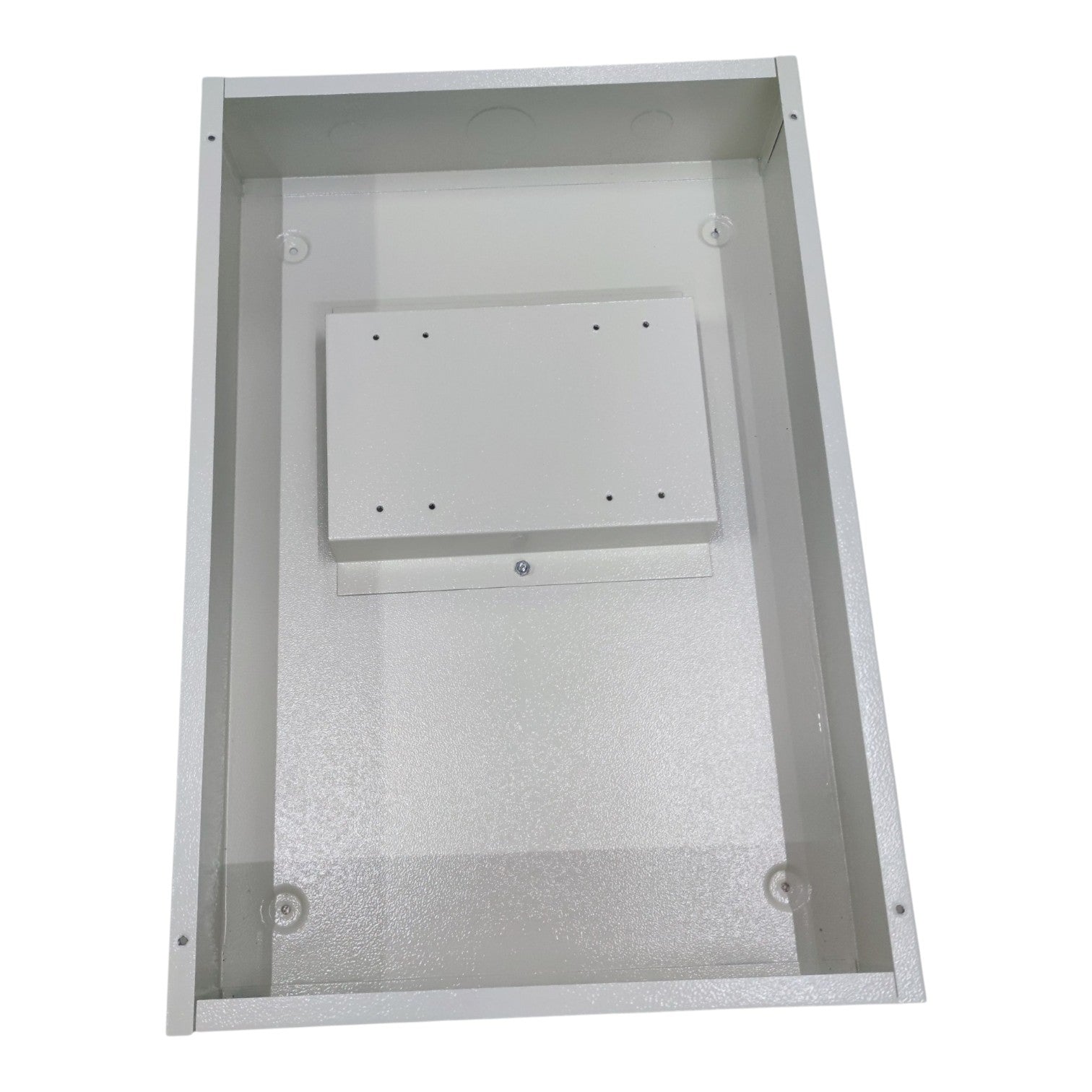 Metal enclosure with a rectangular cutout on a white background