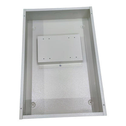 Metal enclosure with a rectangular cutout on a white background