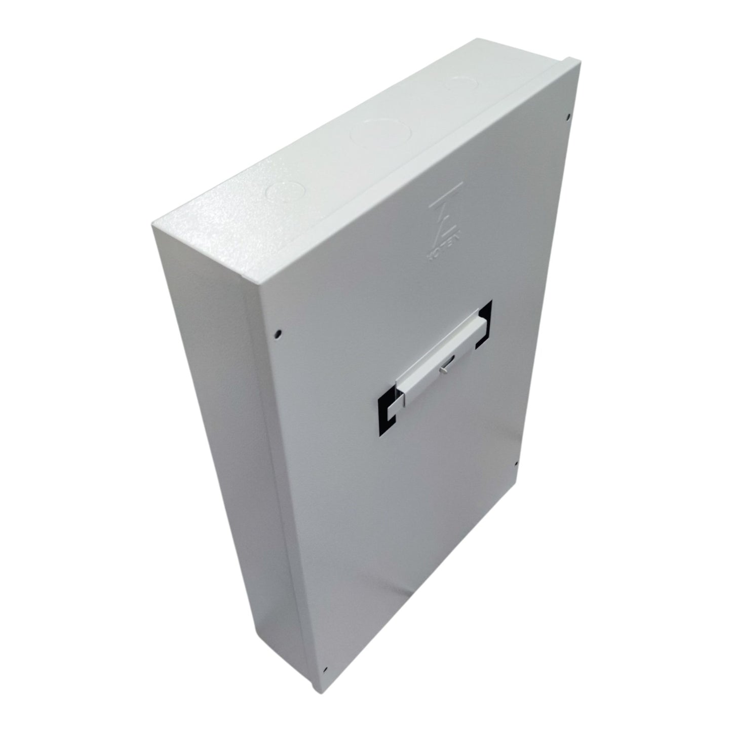 White rectangular metal box with a slot on a white background