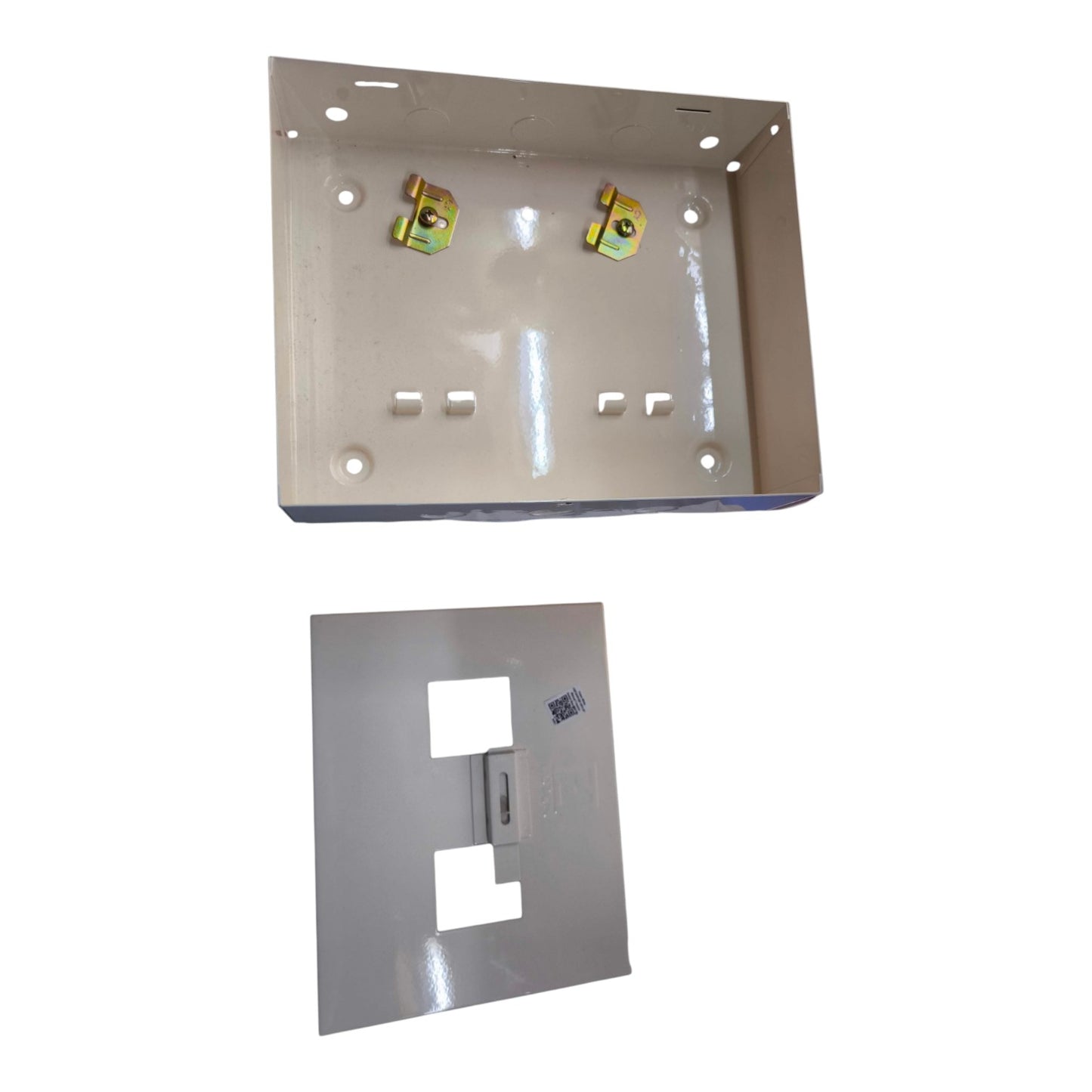 Metal wall plate and cover plate on a white background