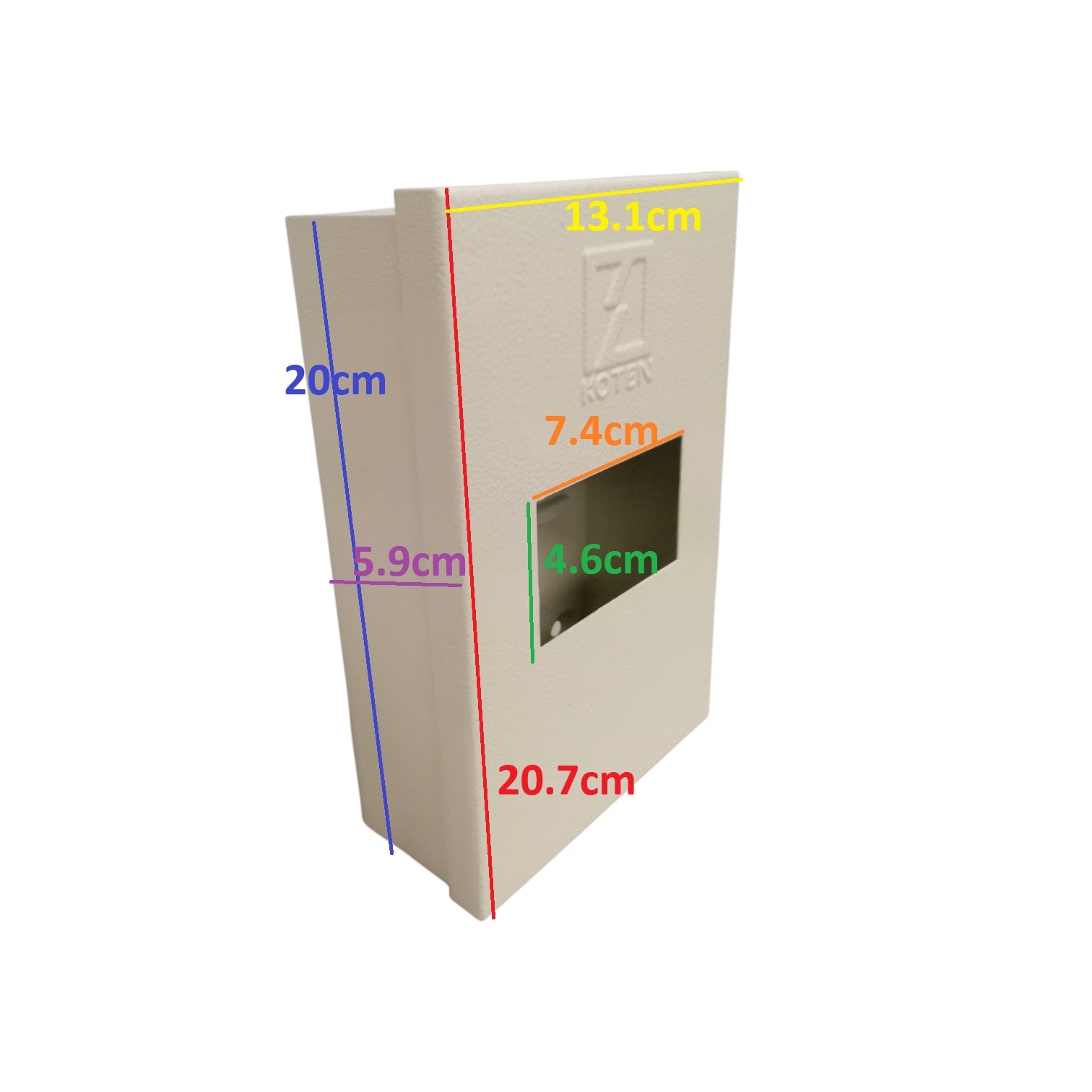 Beige plastic box with dimensions marked on a white background