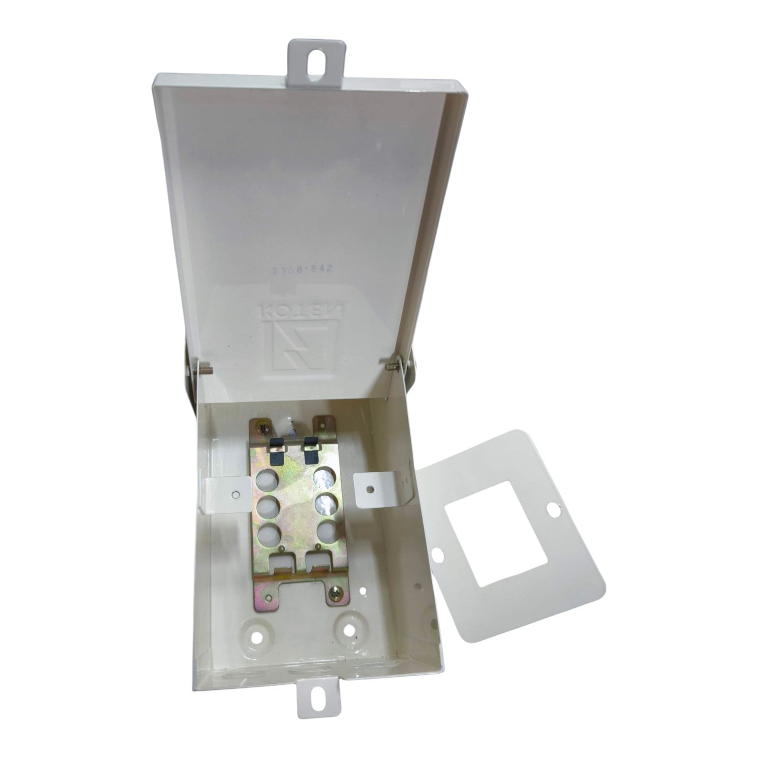 White electrical junction box with components on a white background