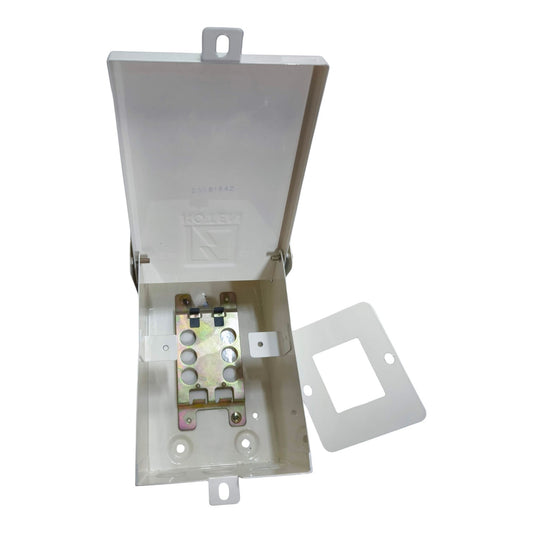 White electrical junction box with components on a white background