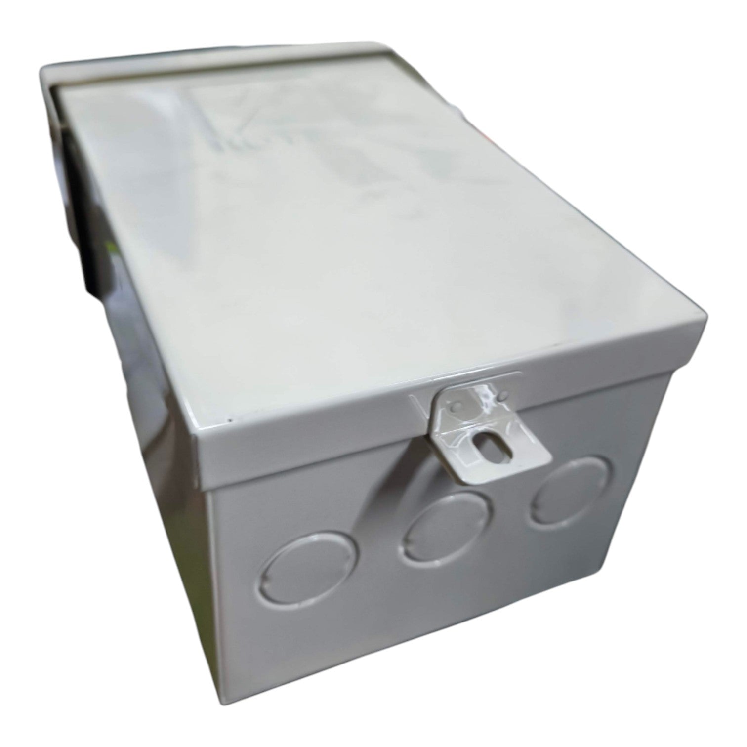 Metal storage box with a lid on a white background