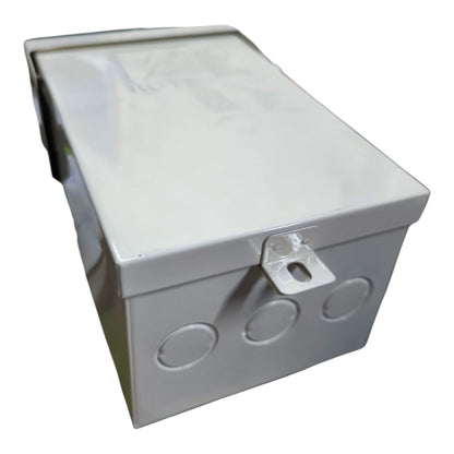Metal storage box with a lid on a white background