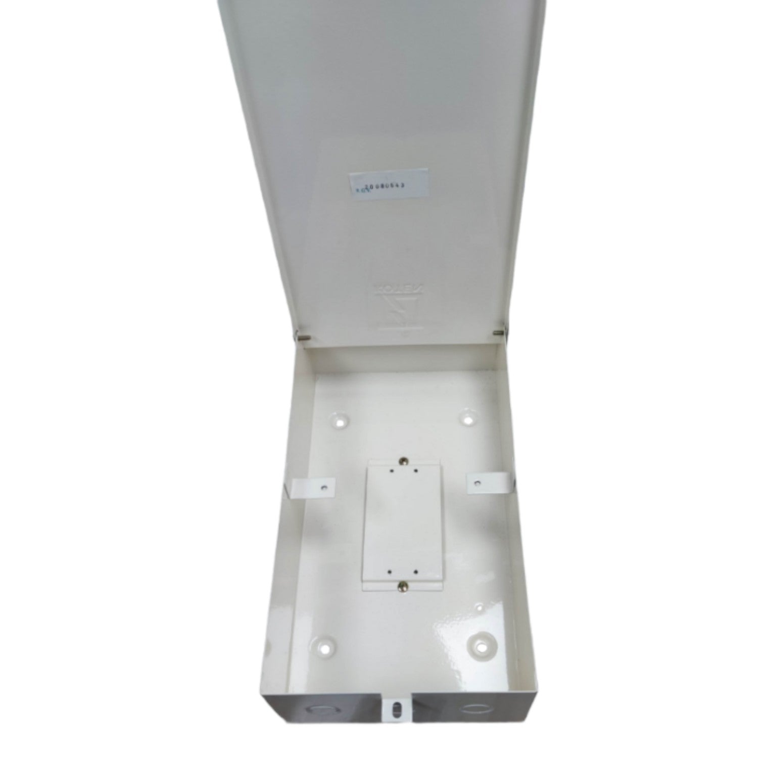 White electronic device with a label on a white background