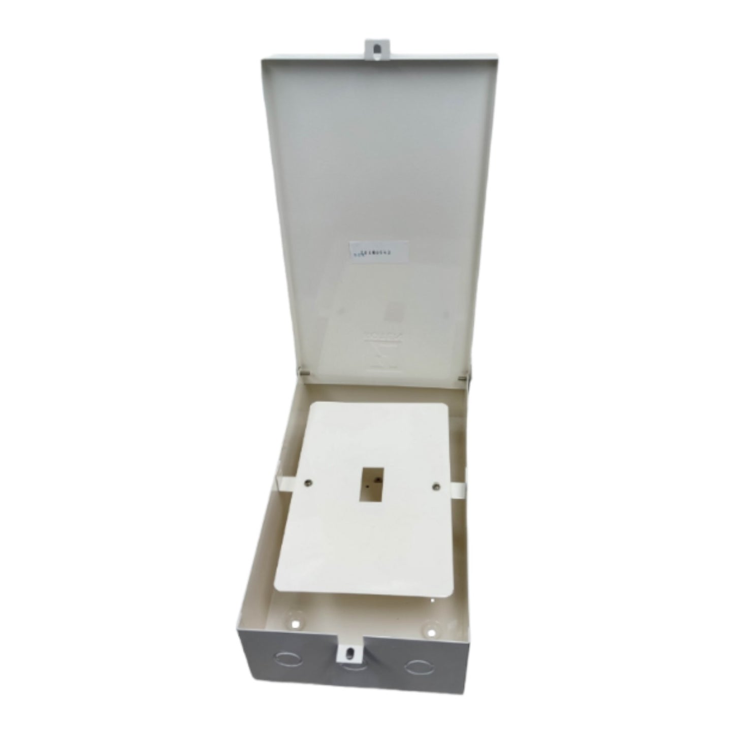Metal electrical enclosure with a cover open on a white background