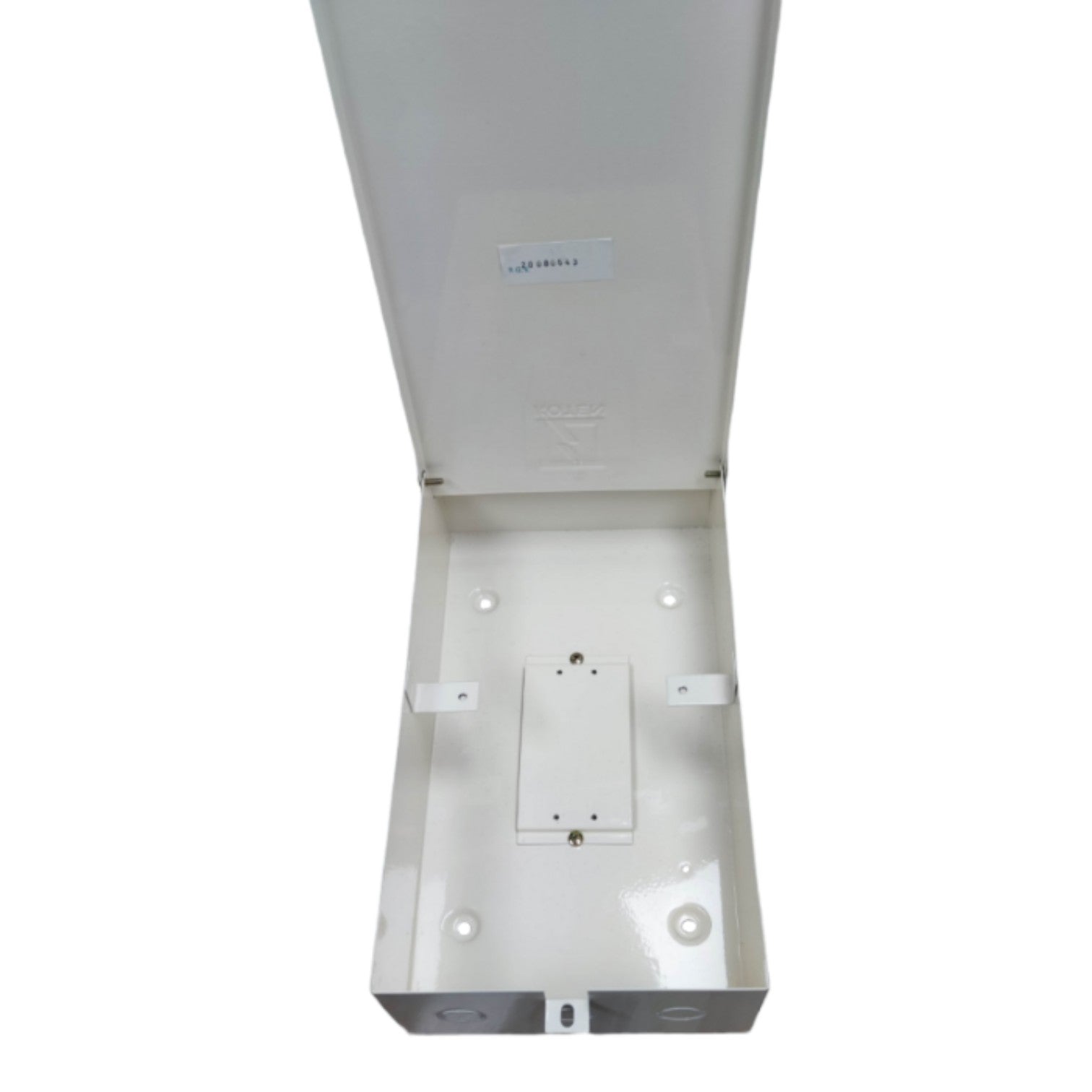 White electronic device with a label on a white background