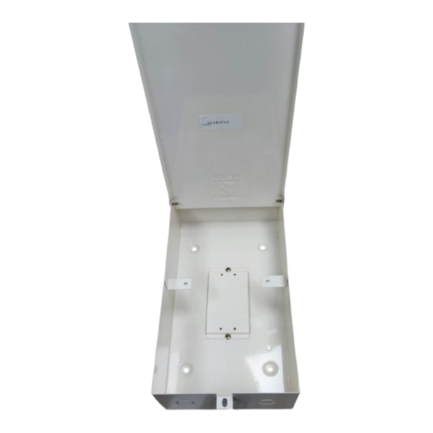 White electronic device with a brand logo on a white background