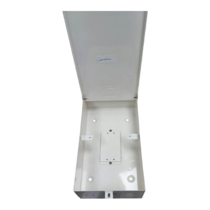 White electronic device with a brand logo on a white background