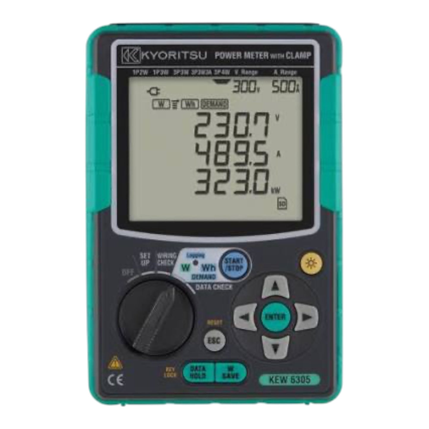 Kyoritsu FP20 SP20K power meter with clamp, model KEW 6305, featuring a dark gray face, teal protective casing, and a large LCD display showing voltage, current, and power readings.