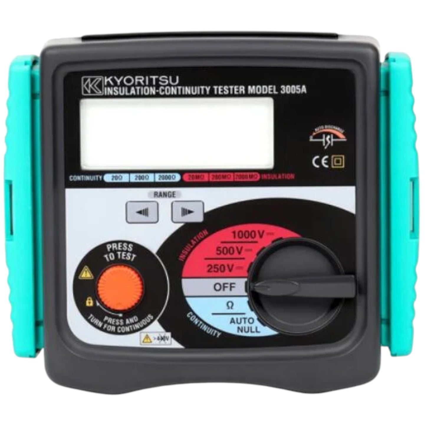 Kyoritsu Model 3005A Insulation-Continuity Tester with a black faceplate, teal side handles, and an orange test button, shown against a plain white background.