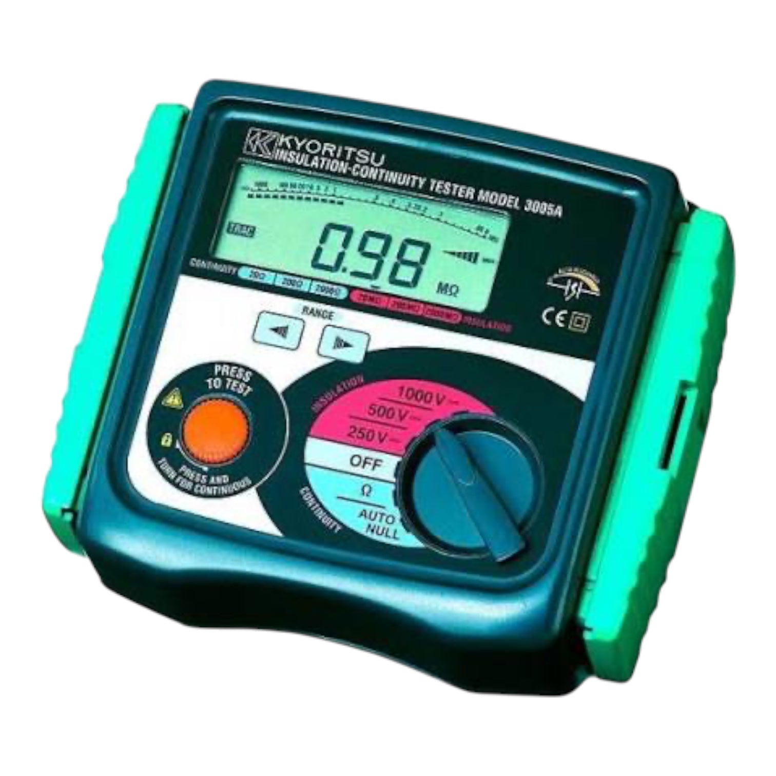 Kyoritsu insulation continuity tester model 3005A with a dark teal face, bright green side grips, and a digital LCD display showing 0.98 MO.