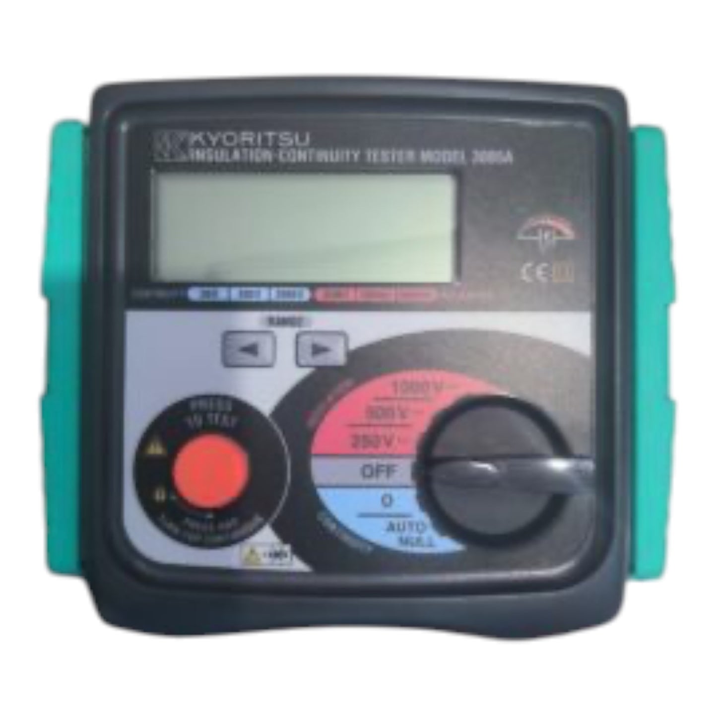 A Kyoritsu insulation continuity tester model 3005A with a black faceplate, green side handles, a digital display screen, and rotary controls.