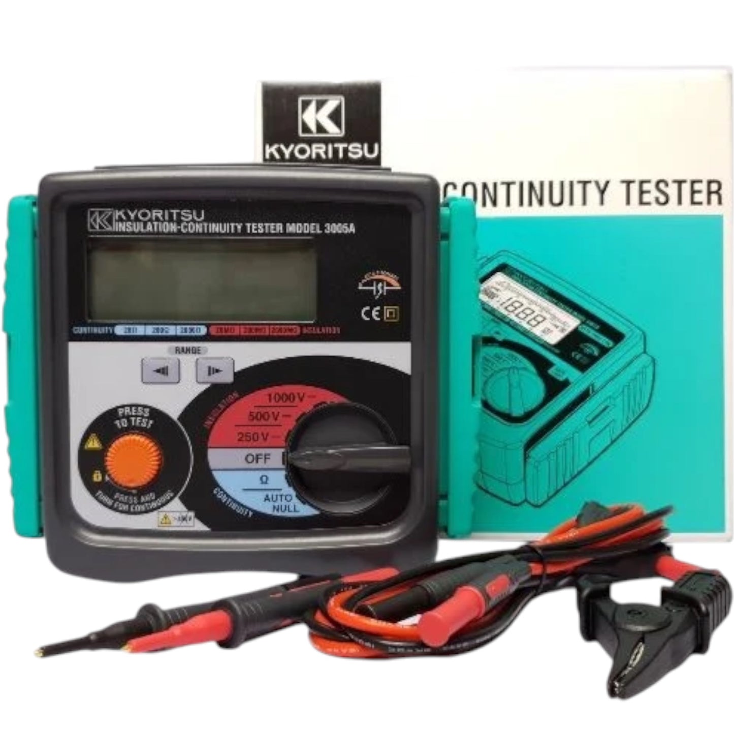 Kyoritsu Model 3005A insulation continuity tester with a teal and black faceplate, shown with its red and black test leads and the product box on a white background.