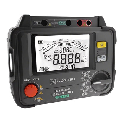 A Kyoritsu high voltage insulation tester with a black plastic housing, a large white LCD screen showing test values, a red test button, and a rotary dial on the front, isolated on a white background.