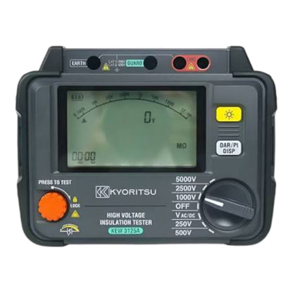 A Kyoritsu KEW 3T25A high voltage insulation tester with a digital LCD display, featuring a black plastic housing, rotary dial, and orange test button on a white background.