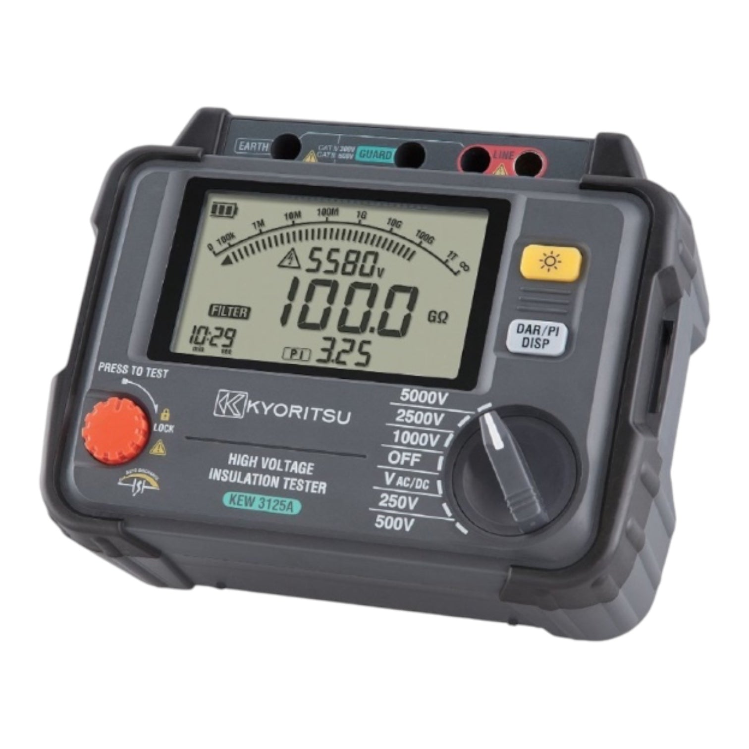 A Kyoritsu high voltage insulation tester, model KEW 3125A, featuring a rugged dark gray plastic casing, a large backlit LCD display, a prominent orange test button, and a rotary dial, shown on a solid white background.