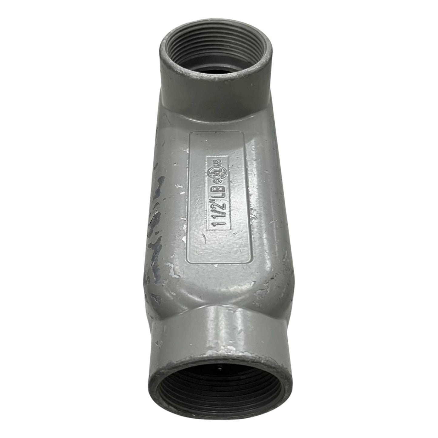 Metal pipe fitting with threading on a white background