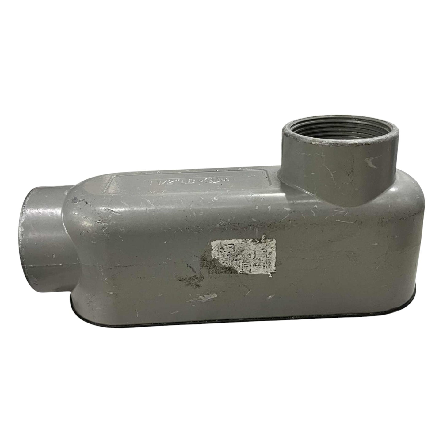 Gray metal pipe fitting on a white background