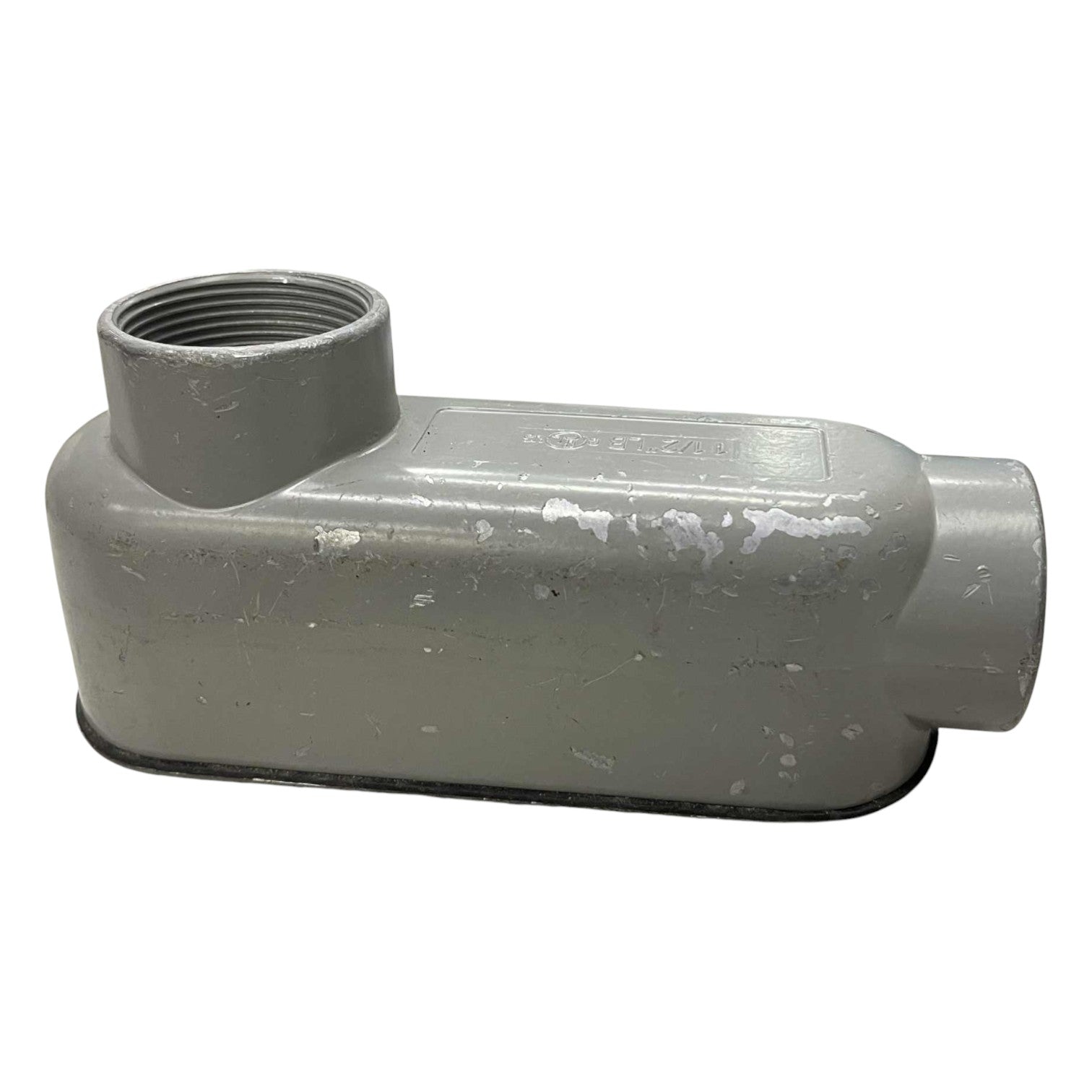 Gray plastic pipe fitting on a white background