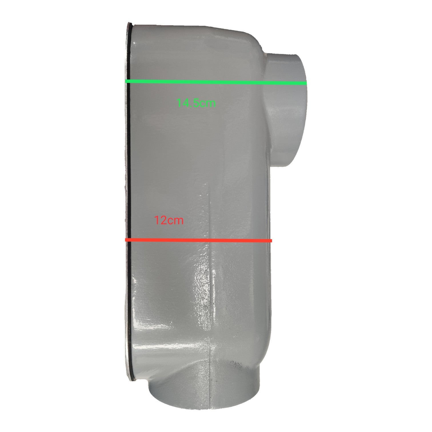 Metal duct with measurements indicated on a white background