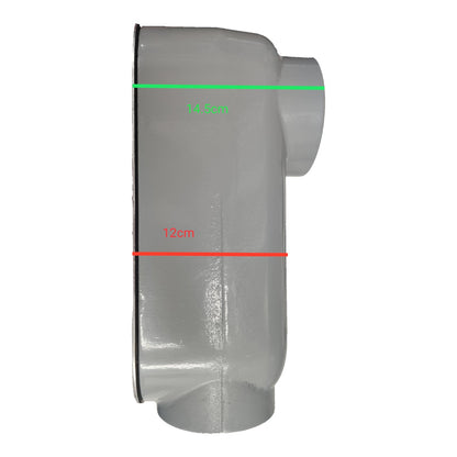 Metal duct with measurements indicated on a white background