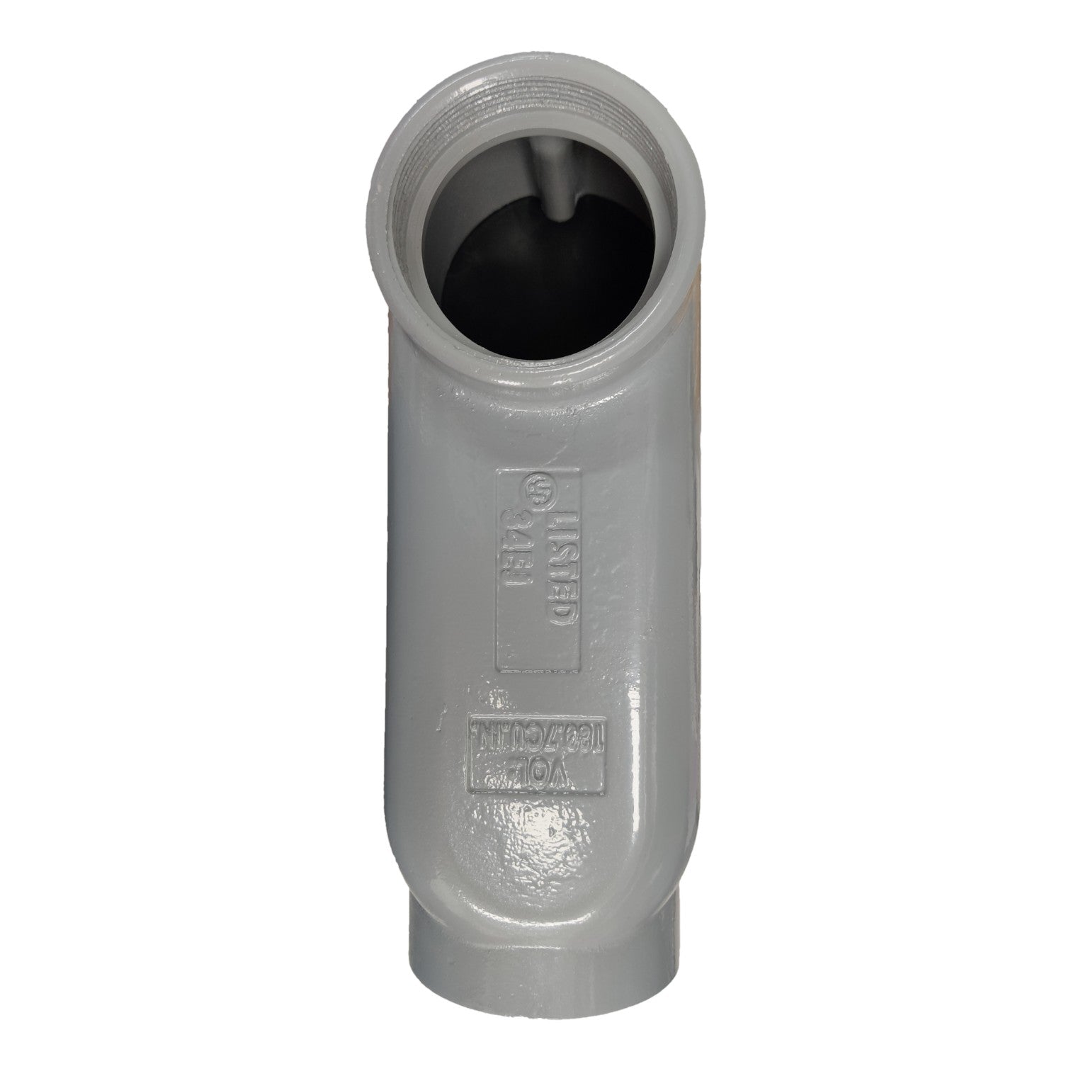 Gray metal pipe fitting on a white background