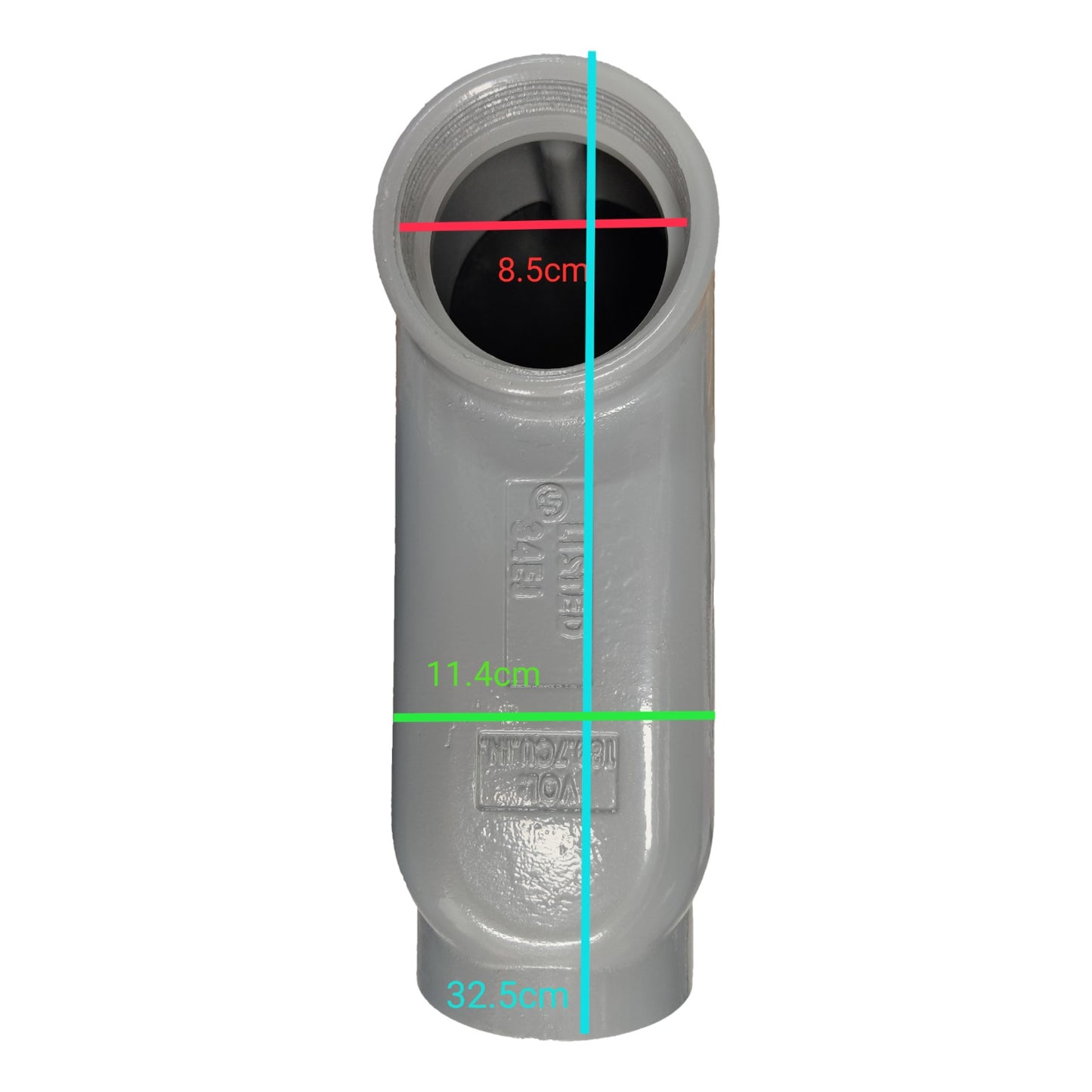 Gray pipe with measurements on a white background