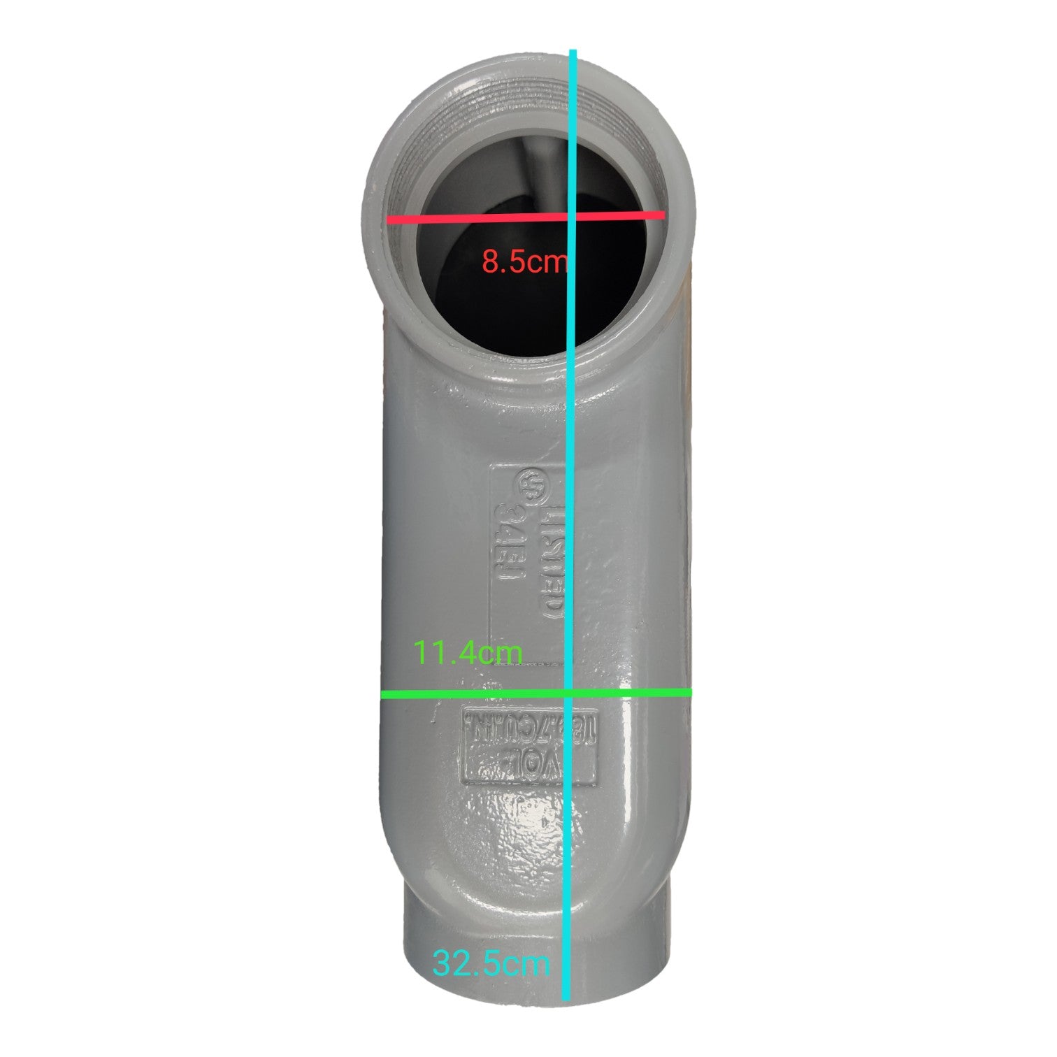Gray pipe with measurements on a white background