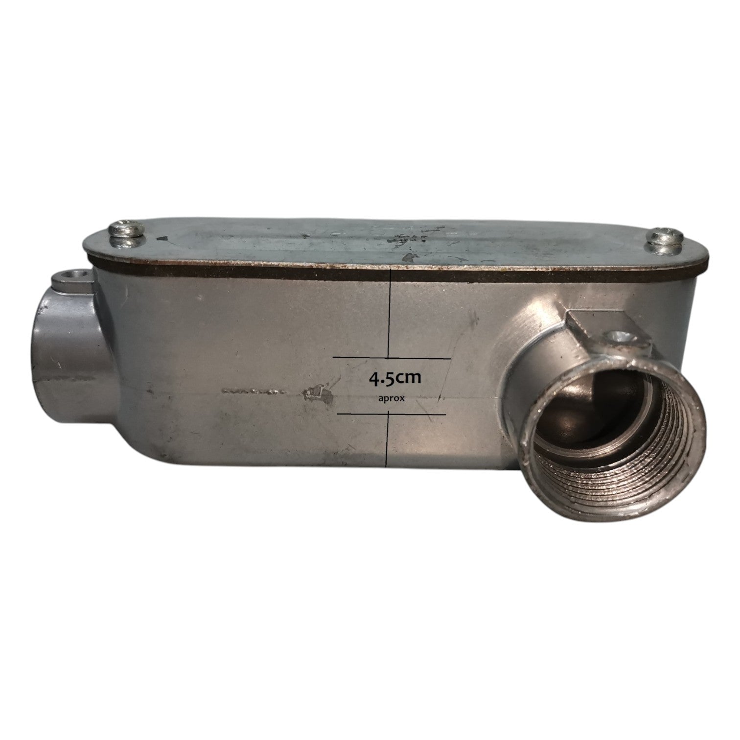 Metal plumbing fitting with measurement details on a white background