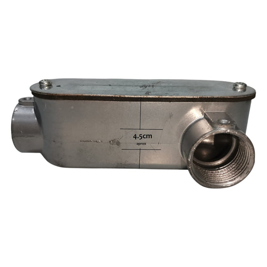 Metal plumbing fitting with measurement details on a white background