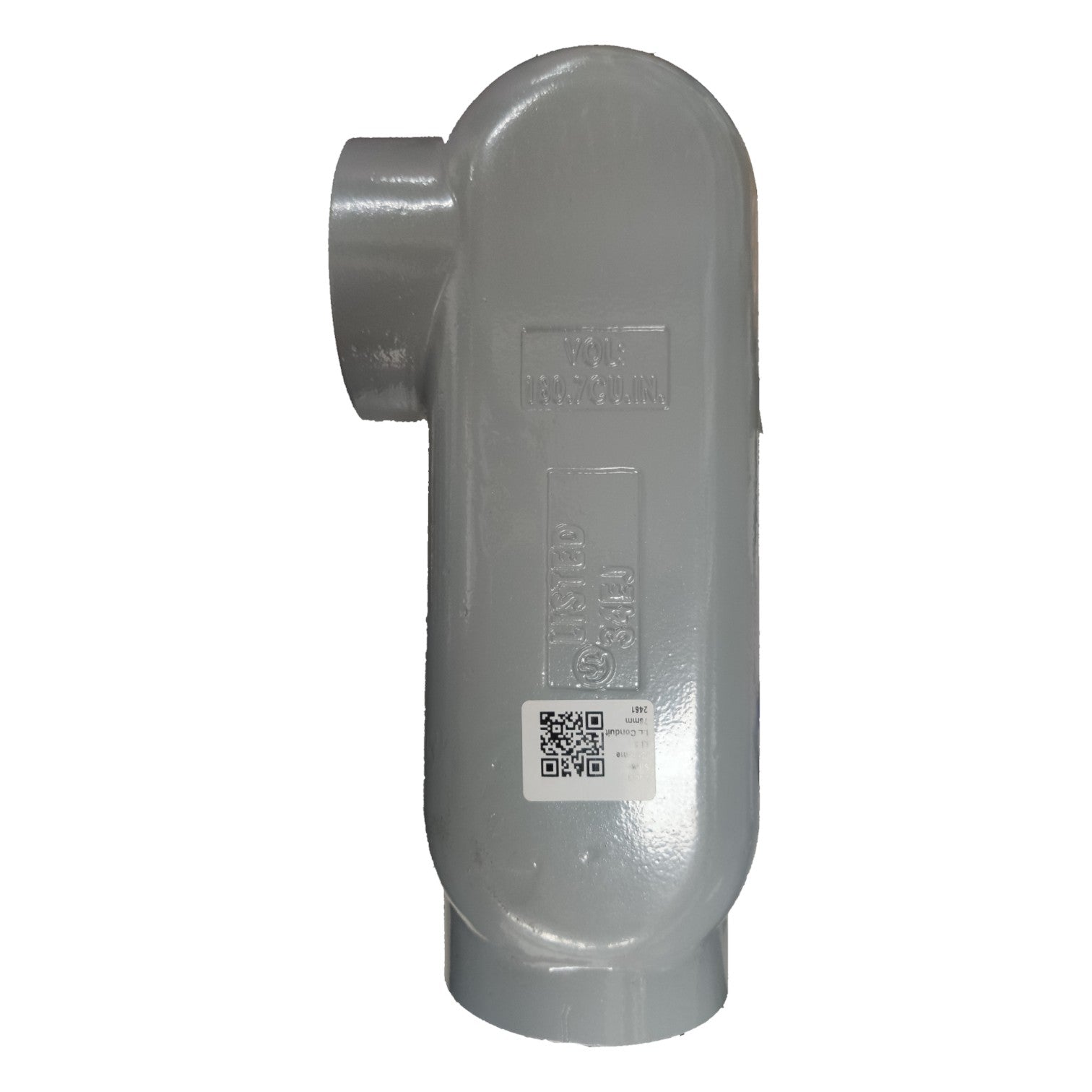 Gray plastic fitting with a QR code label on a white background
