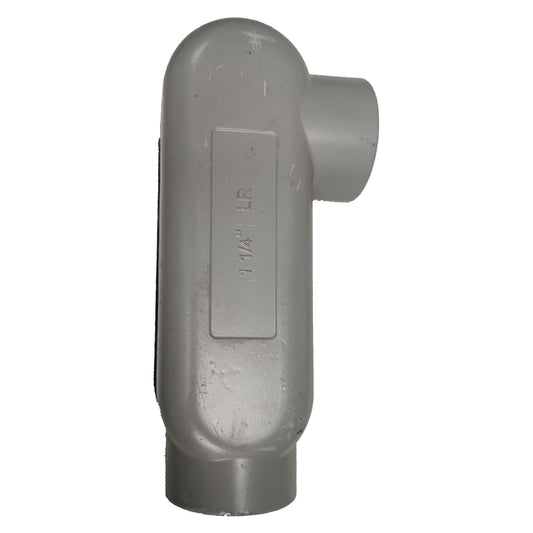 Gray plastic pipe fitting on a white background