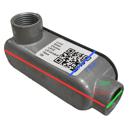 Metal fitting with a QR code label and measurements on a white background