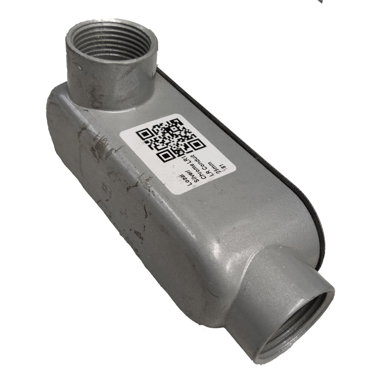 Metal valve with a QR code label on a white background