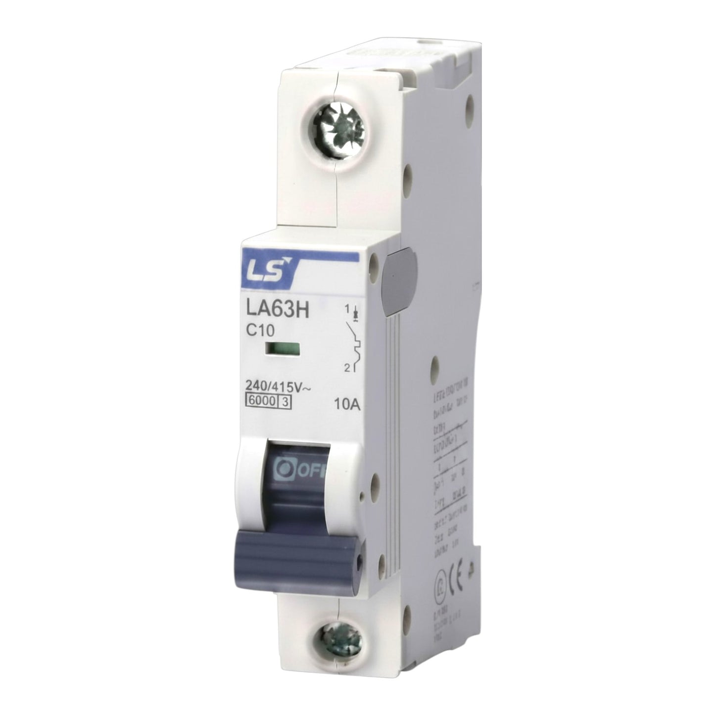 An LS brand LA63H C10 miniature circuit breaker (MCB) with a white plastic housing, blue and gray details, and a 10A rating, shown on a plain white background.
