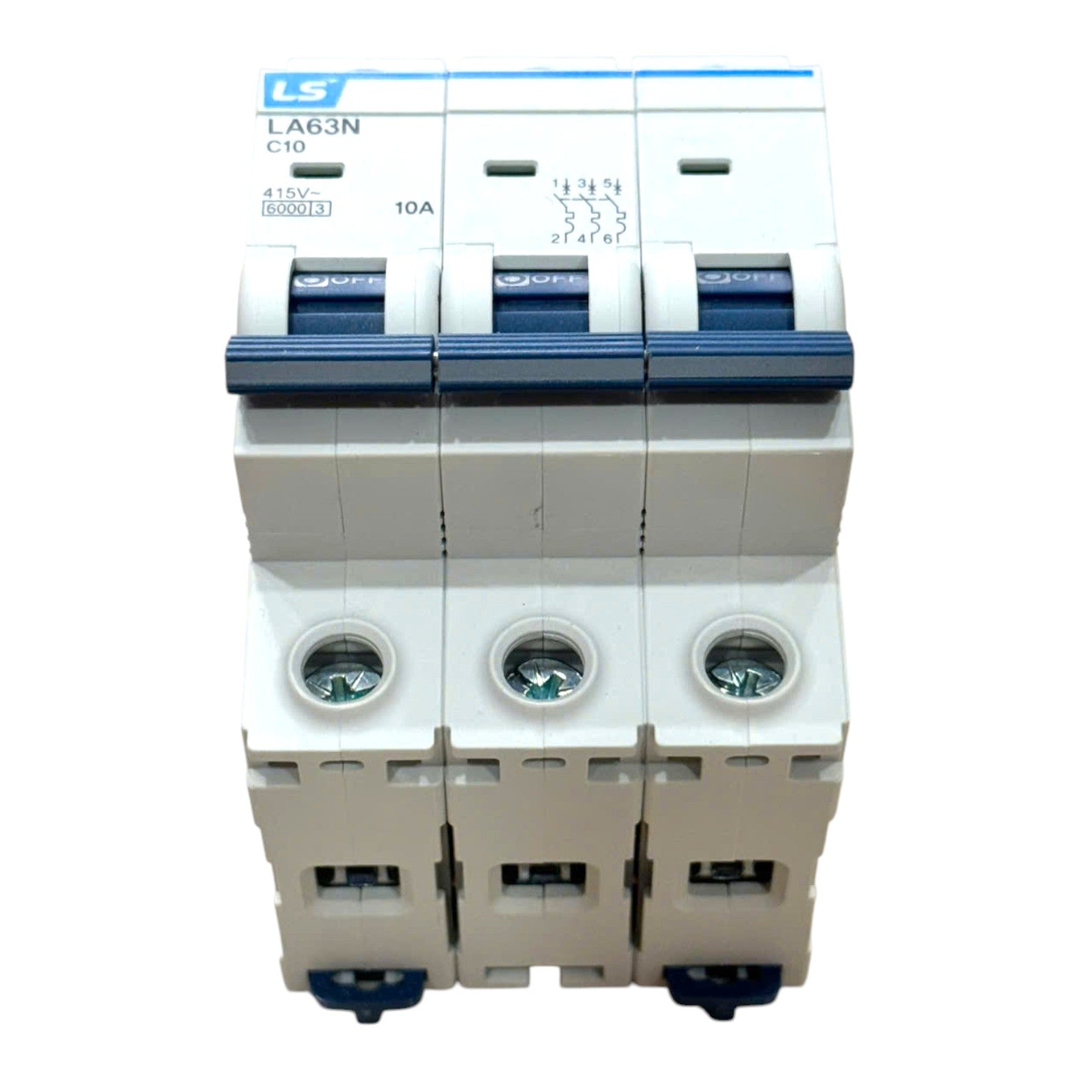 A three-way modular circuit breaker (MCB) module from the brand LS, featuring white plastic housings, blue switch levers, and blue terminal covers on a clean white background.